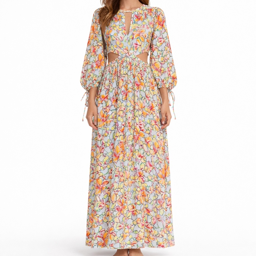 Maje - ‎ Orange Blue Hibiscus Cut Out Maxi Dress